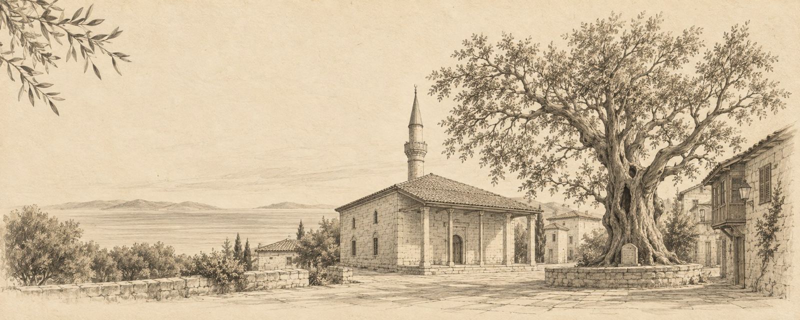 Edincik Ulu Cami, çınar ve Marmara manzarası – gravür